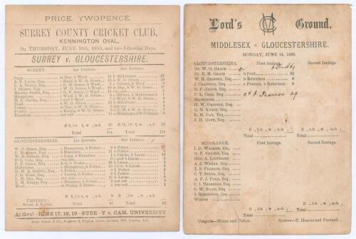 Gloucestershire C.C.C. 1880. Two early original single sided scorecards for matches played by Gloucestershire in 1880, both matches featuring the three Graces, W.G., E.M. and G.F., their cousin, Walter Gilbert, and Billy Midwinter. One scorecard, with com