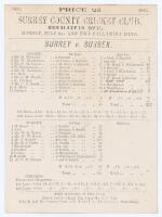 &lsquo;Surrey v. Sussex&rsquo; 1883. Early original double sided scorecard with complete printed and handwritten scores in ink and pencil for the match played at Kennington Oval, 2nd & 3rd July 1883. Having elected to bat first, Sussex, featuring Charles Aubrey Smith
