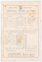 Sussex v. Yorkshire 1885. Early original double sided scorecard with complete printed scores for the match played at Hove, 24th- 26th August 1885. In a high scoring match, Yorkshire elected to bat first and reached 326, George Ulyett (82) and Louis Hall (