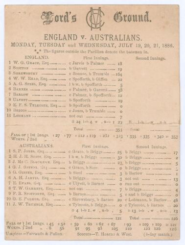 Australia tour to England 1886. ‘England v. Australians’. Second Test 1886. Early original double sided scorecard with complete printed scores for the second Test match, Lord’s 19th- 21st July 1886. Electing to bat first having won the toss, England score