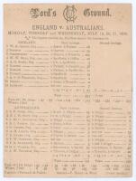 Australia tour to England 1886. &lsquo;England v. Australians&rsquo;. Second Test 1886. Early original double sided scorecard with complete printed scores for the second Test match, Lord&rsquo;s 19th- 21st July 1886. Electing to bat first having won the toss, England score