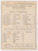 Australia tour to England 1886. &lsquo;Surrey v. Australians&rsquo;. Early original double sided scorecard with complete printed scores for the tour match played at Kennington Oval, 29th- 31st July 1886. Electing to bat first having won the toss, the Australians coul