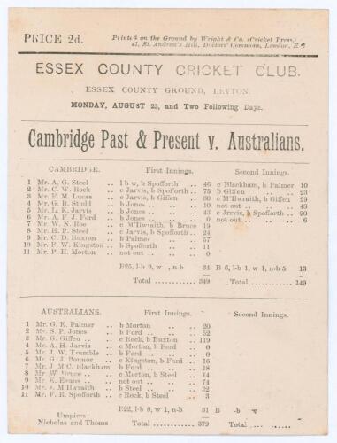 Australia tour to England 1886. &lsquo;Cambridge [University] Past & Present v. Australians&rsquo;. Early original double sided scorecard with complete printed scores for the tour match played at the Essex County Ground, Leyton, 23rd- 25th August 1886. Cambridge batt