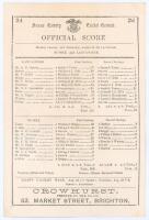 &lsquo;Official Score. Sussex and Lancashire&rsquo; 1886. Early original double sided scorecard with complete printed scores for the match played at Hove, 9th- 11th August 1886. Lancashire elected to bat first and made 211, Walter Robinson top scorer with 54. In repl