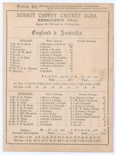 Australia tour to England 1886. &lsquo;England v. Australia&rsquo;. Third Test 1886. Early original double sided scorecard with complete printed scores for the third and final Test match, Kennington Oval, 12th- 14th August 1886. England won the toss and elected to ba