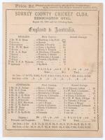 Australia tour to England 1886. &lsquo;England v. Australia&rsquo;. Third Test 1886. Early original double sided scorecard with complete printed scores for the third and final Test match, Kennington Oval, 12th- 14th August 1886. England won the toss and elected to ba