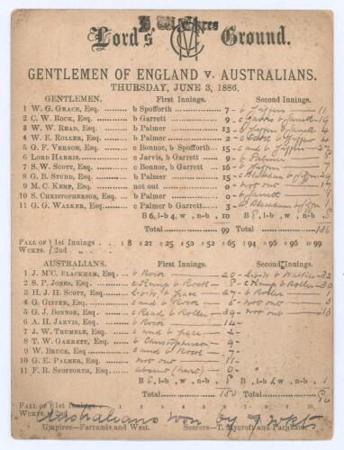 Australia tour to England 1886. &lsquo;Gentlemen of England v. Australians&rsquo;. Early original double sided scorecard with complete printed and handwritten scores in ink for the match played at Lord&rsquo;s, 3rd & 4th June 1886. Scheduled for three days but completed in