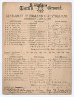 Australia tour to England 1886. &lsquo;Gentlemen of England v. Australians&rsquo;. Early original double sided scorecard with complete printed and handwritten scores in ink for the match played at Lord&rsquo;s, 3rd & 4th June 1886. Scheduled for three days but completed in