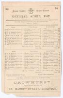 Sussex v. Hampshire 1887. Early original double sided scorecard with complete printed scores for the match played at the County Ground, Hove, 14th- 16th July 1887 (not first-class). Sussex, whose team included the future England captain and Hollywood acto