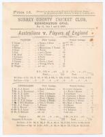 Australia tour to England 1888. &lsquo;Australians v. Players of England&rsquo;. Early original double sided scorecard with complete printed scores for the tour match played at Kennington Oval, 31st May & 1st June 1888. The Players won the toss and batted first, reac
