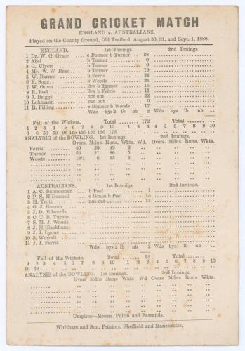 Australia tour to England 1888. ‘Grand Cricket Match. England v. Australians’. Early original single sided scorecard with printed scores complete to the end of the first day’s play for the third and final Test at Old Trafford, 30th & 31st August 1888. In 