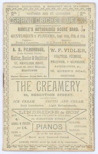 &lsquo;Hastings and St. Leonards Grand Cricket Week. Gentlemen v Players&rsquo; 1889. Early original 12pp &lsquo;Randle&rsquo;s Authorised Scorecard&rsquo; with complete printed scores for the match played at the Central Recreation Ground, Hastings, 16th- 18th September 1889. In a clo