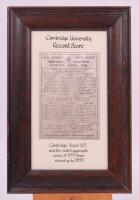 &lsquo;Sussex v. Cambridge University&rsquo; 1890. &lsquo;Record Score&rsquo;. Early original silk commemorative scorecard with complete printed scores for the remarkable match played at The County Ground, Hove, 19th- 21st June 1890. In a record high scoring match, Cambridge Uni