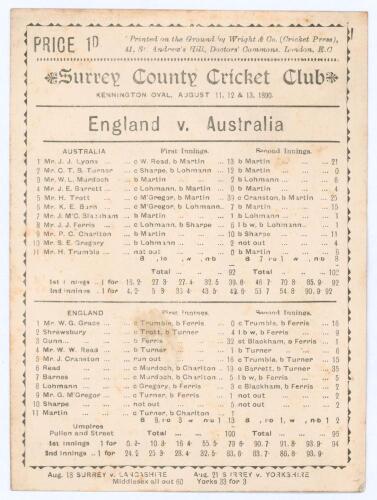 Australia tour to England 1890. &lsquo;England v. Australians&rsquo; Second Test, The Oval. Early original single sided scorecard with complete printed scores for the second Test, played at Kennington Oval 11th & 12th August 1890. In an evenly matched albeit low scor