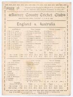 Australia tour to England 1890. &lsquo;England v. Australians&rsquo; Second Test, The Oval. Early original single sided scorecard with complete printed scores for the second Test, played at Kennington Oval 11th & 12th August 1890. In an evenly matched albeit low scor