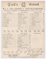 &lsquo;M.C.C. and Ground v. Nottinghamshire&rsquo; 1891. Early original scorecard with complete printed scores for the match played at Lord&rsquo;s, 1st June 1891. W.G. Grace won the toss for M.C.C. and put Nottinghamshire in to bat on a drying wicket. His decision was vin