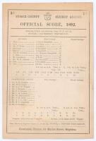 &lsquo;Sussex v. Cambridge University&rsquo; 1892. Early original double sided scorecard with incomplete printed scores for the match played at The County Ground, Hove, 16th- 18th June 1892. In the previous two seasons this fixture produced record breaking results, h