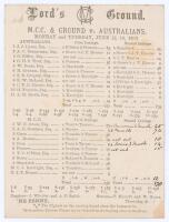 Australia tour to England 1893. M.C.C. & Ground v. Australians. Early original double sided scorecard with complete printed and handwritten scores in ink for the match played at Lord&rsquo;s, 12th- 14th June 1893. The Australians elected to bat and reached 231,