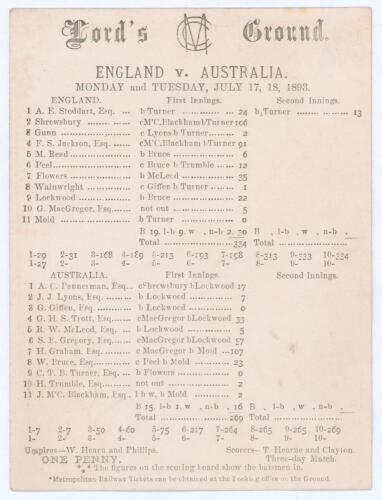 Australia tour to England 1893. ‘England v. Australia’. First Test, Lord’s 17th- 19th July 1893. Early original double sided scorecard with incomplete printed scores. England elected to bat first and thanks to a fine 106 from opener Arthur Shrewsbury, and