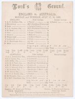 Australia tour to England 1893. &lsquo;England v. Australia&rsquo;. First Test, Lord&rsquo;s 17th- 19th July 1893. Early original double sided scorecard with incomplete printed scores. England elected to bat first and thanks to a fine 106 from opener Arthur Shrewsbury, and