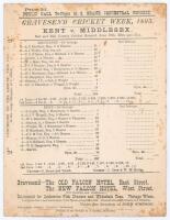 &lsquo;Gravesend Cricket Week, 1893. Kent v. Middlesex&rsquo;. Early original double sided scorecard with incomplete printed scores for the match played at the Bat and Ball Ground, Gravesend, 19th & 20th June 1893. Middlesex elected to bat first, scoring 288, A.E. St