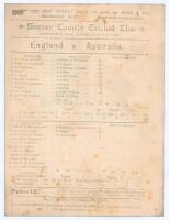 Australia tour to England 1893. &lsquo;England v. Australia&rsquo;. Second Test, Kennington Oval, 14th- 16th August 1893. Early original double sided scorecard with incomplete printed scores. W.G. Grace, captaining a strong England team, won the toss and batted first