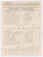 &lsquo;Somerset v. Middlesex&rsquo; 1893. Early original scorecard with complete printed scores for the match played at Taunton, 7th- 9th August 1893. Somerset chose to bat first and made 380, with contributions from Lionel Palairet (91), Charles Dunlop (62), Sammy W