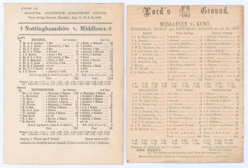 John Thomas ‘Jack’ Hearne. Middlesex & England 1888-1923. Two early original scorecards with complete printed scores from 1893 featuring notable performances by Jack Hearne for Middlesex. One is for Nottinghamshire v. Middlesex at Trent Bridge, 17th- 19th