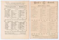 John Thomas &lsquo;Jack&rsquo; Hearne. Middlesex & England 1888-1923. Two early original scorecards with complete printed scores from 1893 featuring notable performances by Jack Hearne for Middlesex. One is for Nottinghamshire v. Middlesex at Trent Bridge, 17th- 19th