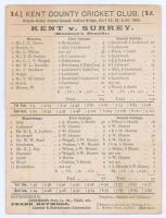 &lsquo;Kent v. Surrey. (Wootton&rsquo;s Benefit)&rsquo; 1894. Early original double sided scorecard with complete printed scores for the match played at the Private Banks Sports Ground, Catford, 23rd- 25th July 1894. In a relatively low scoring game, Kent chose to bat firs
