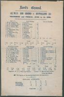 Australia tour to England 1896. Record low score. &lsquo;M.C.C. and Ground v. Australians&rsquo;. Rare early original commemorative silk scorecard for the remarkable match played at Lord&rsquo;s, 11th & 12th June 1896. M.C.C. batted first and posted 219, A.E. Stoddart top 
