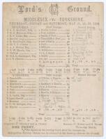&lsquo;Middlesex v. Yorkshire&rsquo; 1896. Early original double sided scorecard with complete printed and handwritten scores in pencil for the match played at Lord&rsquo;s, 21st- 23rd May 1896. Middlesex elected to bat first and posted 384 thanks to an opening stand of 21