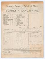 &lsquo;Surrey v. Lancashire&rsquo; 1898. Early original double sided scorecard with complete printed scores for the match played at Kennington Oval, 18th- 20th August 1898. Surrey elected to bat first and set the huge total of 634 with Tom Hayward scoring a career be