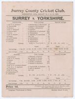 &lsquo;Surrey v. Yorkshire&rsquo; 1899. Two record partnerships in one match. Early original single sided scorecard with complete printed scores for the match played at Kennington Oval, 10th- 12th August 1899. 1255 runs were scored for the loss of only seventeen wick