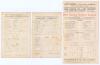 Hampshire C.C.C. 1900 & 1901. Three early original scorecards including two single sided cards for matches played at the County Ground, Southampton. One for the match v. Leicestershire, 23rd- 25th August 1900, Leicestershire won by six wickets, Ledger Hil