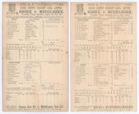 Essex C.C.C. 1901 & 1902. Four early original double sided scorecards for county matches played by Essex. Scorecards include two for &lsquo;home&rsquo; matches v. Middlesex played at Leyton. One played 1st- 3rd August 1901 with incomplete printed and handwritten scor