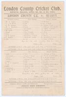 &lsquo;London County C.C. v. Surrey&rsquo; 1902. Early original double sided scorecard with complete printed scores for the match played at Crystal Palace, 24th- 26th April 1902. London County, captained by W.G. Grace and featuring former Australia captain Billy Murd