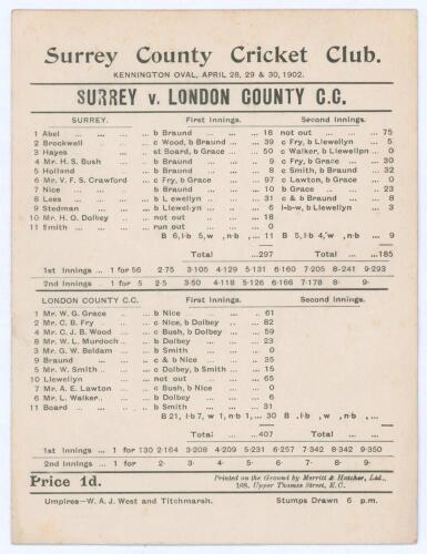 ‘Surrey v. London County C.C.’ 1902. Early original double sided scorecard with printed scores complete to the end of the second day’s play, for the return match at Kennington Oval, 28th- 30th April 1902. Surrey won the toss and batted first, reaching 297