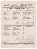 &lsquo;Surrey v. London County C.C.&rsquo; 1902. Early original double sided scorecard with printed scores complete to the end of the second day&rsquo;s play, for the return match at Kennington Oval, 28th- 30th April 1902. Surrey won the toss and batted first, reaching 297