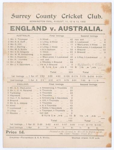 Australia tour to England 1902. &lsquo;England v. Australia&rsquo;. Fifth Test. &lsquo;Jessop&rsquo;s Match&rsquo;. Early original double sided scorecard with incomplete printed scores for the 5th Test at Kennington Oval, 11th- 13th August 1902. With Australia 2-0 ahead and the series