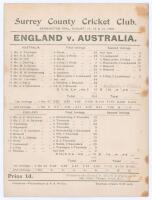 Australia tour to England 1902. &lsquo;England v. Australia&rsquo;. Fifth Test. &lsquo;Jessop&rsquo;s Match&rsquo;. Early original double sided scorecard with incomplete printed scores for the 5th Test at Kennington Oval, 11th- 13th August 1902. With Australia 2-0 ahead and the series