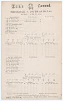 South Africa tour to England 1904. &lsquo;Middlesex v. South Africans&rsquo;. Rare early original double sided scorecard with incomplete printed and faint handwritten scores in pencil for the tied tour match played at Lord&rsquo;s 20th- 22nd June 1904. Middlesex elected to