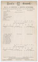 South Africa tour to England 1904. &lsquo;M.C.C. & Ground v. South Africans&rsquo;. Early original double sided scorecard with incomplete printed and faintly handwritten scores in pencil for the tour match played at Lord&rsquo;s 11th- 13th August 1904. No play was possible