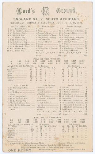 South Africa tour to England 1904. &lsquo;England XI v. South Africans&rsquo;. Early original double sided scorecard with complete printed scores for the tour match played at Lord&rsquo;s 14th- 16th July 1904. The South Africans elected to bat first and scored 352, Reggie 