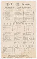 South Africa tour to England 1904. &lsquo;England XI v. South Africans&rsquo;. Early original double sided scorecard with complete printed scores for the tour match played at Lord&rsquo;s 14th- 16th July 1904. The South Africans elected to bat first and scored 352, Reggie 