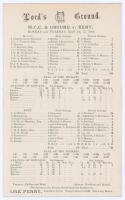 &lsquo;M.C.C. & Ground v. Kent&rsquo;. 1904. Early original scorecard with complete printed scores for the match played at Lord&rsquo;s, 16th & 17th May 1904. The M.C.C. team comprised four members of the South African touring party, Frank Mitchell, Louis Tancred, George S