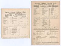 Yorkshire C.C.C. 1904 & 1905. Three early original scorecards. Matches are Surrey v. Yorkshire, Kennington Oval, 18th- 20th July 1904. Incomplete printed scores. In the first innings Yorkshire were bowled out for 162, Surrey&rsquo;s Ernest Nice taking a career 