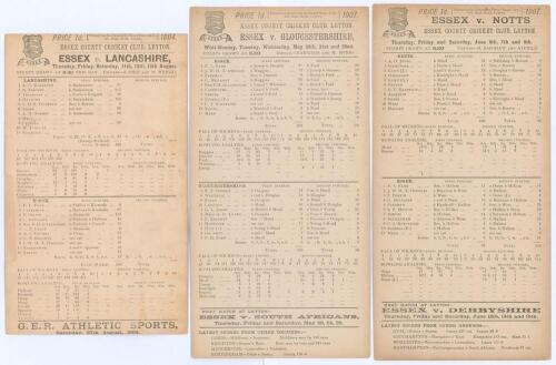 Essex C.C.C. 1904 & 1907. Three early original double sided scorecards for Essex ‘home’ county matches played at Leyton. Matches are v. Lancashire, 11th- 13th August 1904 with complete printed scores for a high scoring drawn game in which Lancashire score