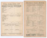 Lancashire C.C.C. 1904 & 1905. Two early original double sided scorecards for Lancashire matches. Scorecards are &lsquo;Lancashire (Champion County) v. Rest of England&rsquo;, Kennington Oval, 12th- 15th September 1904 with incomplete faintly handwritten scores in pe