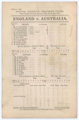 Australia tour to England 1905. ‘England v. Australia’. First Test. Early original double sided scorecard with incomplete printed scores for the 1st Test at Trent Bridge, 29th- 31st May 1905. England won the toss, elected to bat and were bundled out for 1